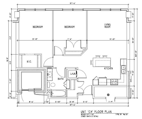 A floor plan of a unit C4 shows a living room, two bedrooms, a bathroom, a kitchen, and a laundry area.